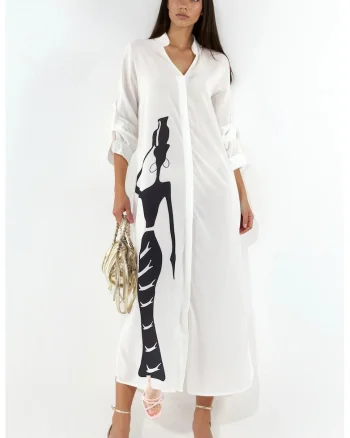 Rochie tip camasa,  maxi, imprimeu text, alb, poliester cu lycra