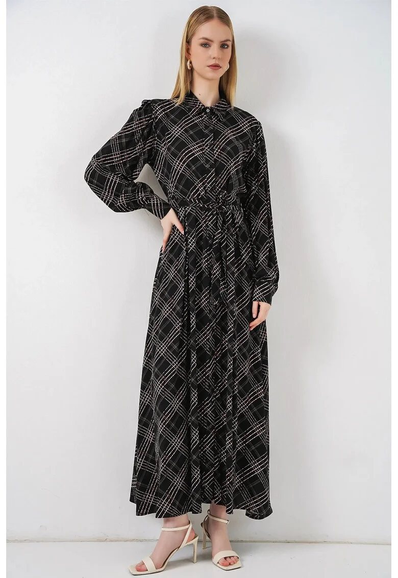 Rochie camasa Midi,  carouri, negru, 100% viscoza,