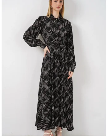 Rochie camasa Midi,  carouri, negru, 100% viscoza,