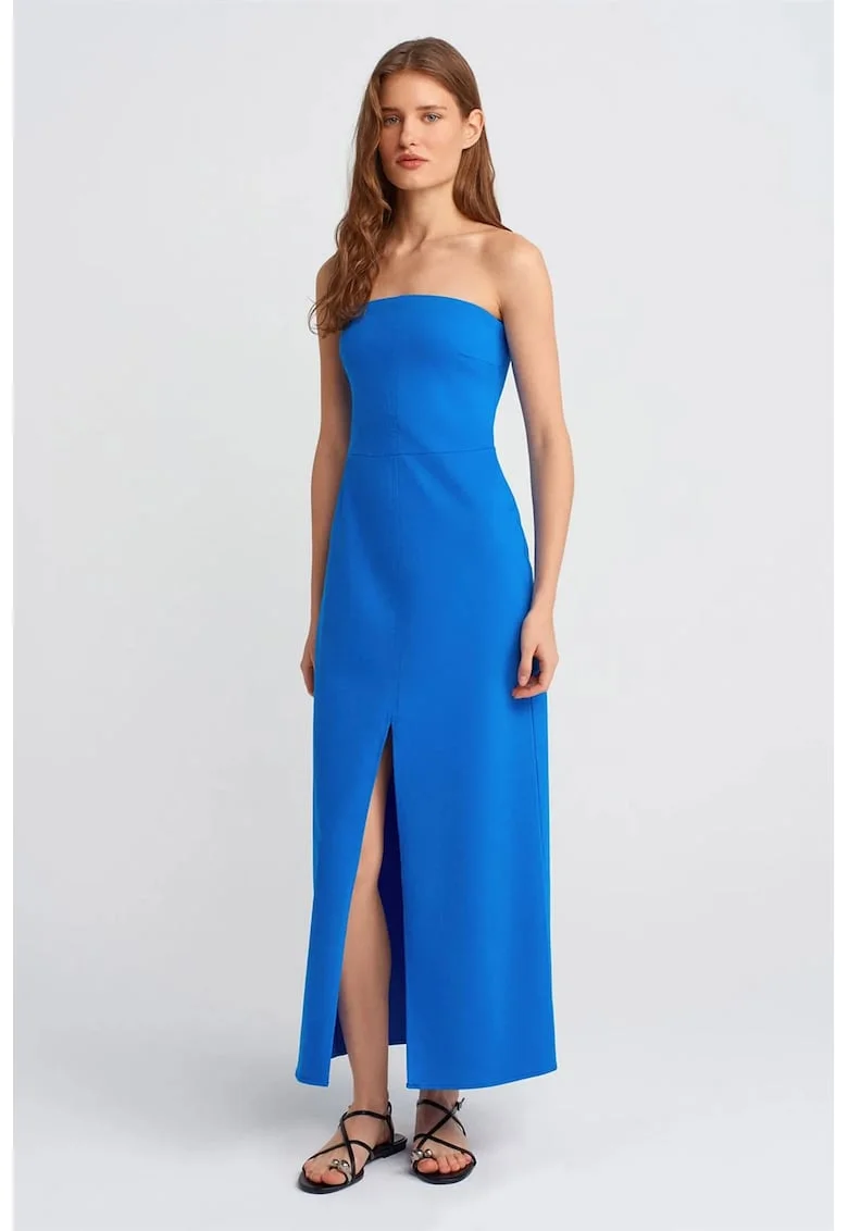 Rochie Midi  Stramta Fara Bretele Cu Slit, Albastru Cobalt, Bumbac, Poliamida, Elastan,