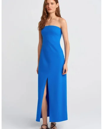Rochie Midi  Stramta Fara Bretele Cu Slit, Albastru Cobalt, Bumbac, Poliamida, Elastan,