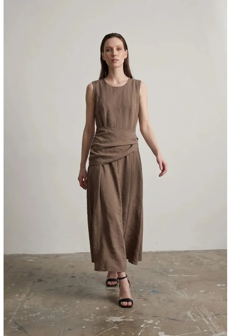 Rochie Midi,  A-line, fara maneci, maro, 100% lyocell,