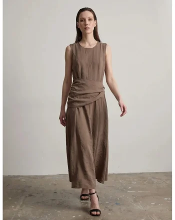 Rochie Midi,  A-line, fara maneci, maro, 100% lyocell,