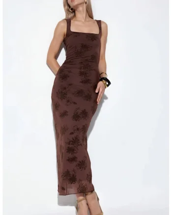 Rochie midi,  eleganta, fara maneci, maro, tricot poliester-elastan
