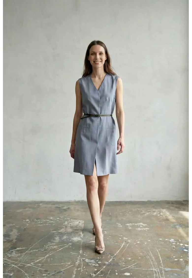 Rochie mini tip shift, fara maneci, cu decolteu in V si cordon, MY FASHION, pentru femei, Midi, Albastru Cerulean, S INTL,