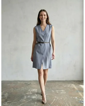 Rochie mini tip shift, fara maneci, cu decolteu in V si cordon, MY FASHION, pentru femei, Midi, Albastru Cerulean, S INTL,
