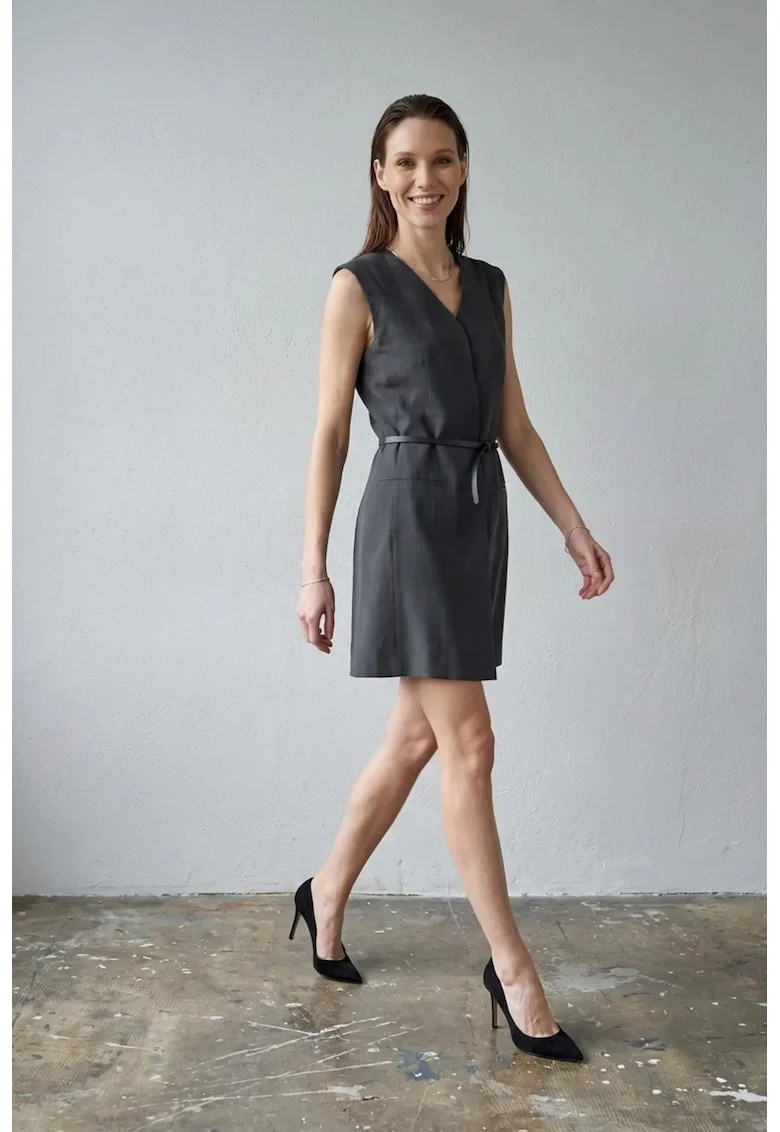 Midi, Femei, Rochie mini tip shift fara maneci cu decolteu in V si curea MY FASHION, Negru, L INTL,