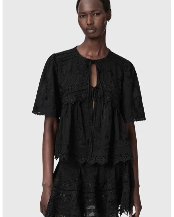 Tricou lejer cu broderie, Negru