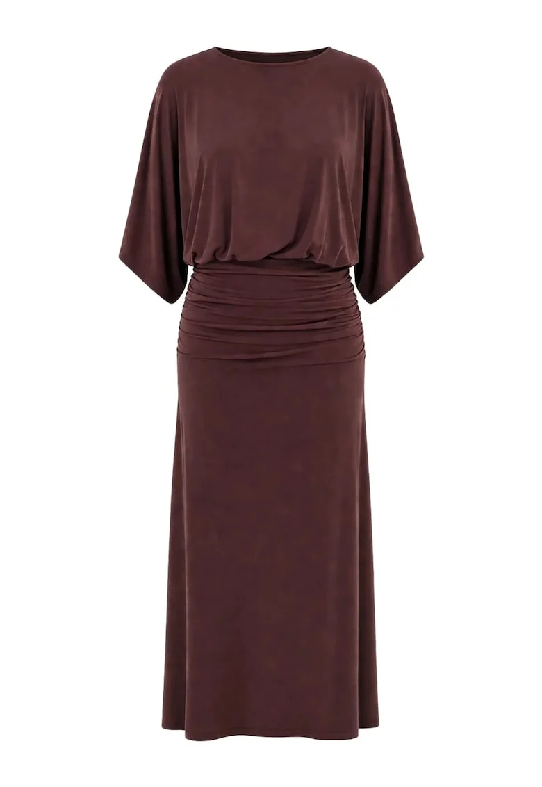Rochie midi,  rosu, jerseu elastic, fara inchidere, drapaj,