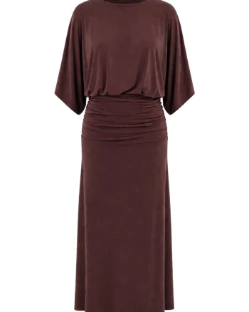 Rochie midi,  rosu, jerseu elastic, fara inchidere, drapaj,