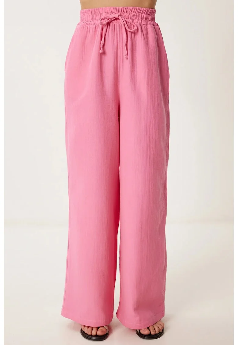 Pantaloni dama, Happiness Istanbul, picior larg, snur in talie, roz garoafa, bumbac,