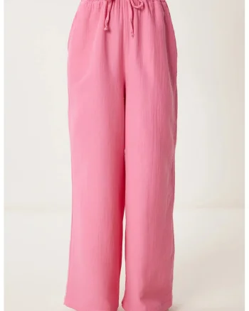 Pantaloni dama, Happiness Istanbul, picior larg, snur in talie, roz garoafa, bumbac,