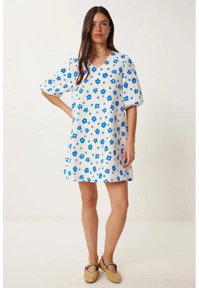 Rochie mini, Happiness Istanbul, A-line, imprimeu floral, gri inchis, bumbac cu elastan
