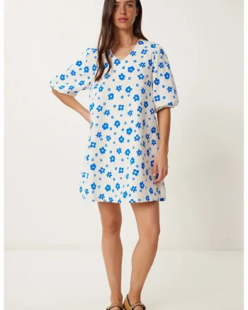 Rochie mini, Happiness Istanbul, A-line, imprimeu floral, gri inchis, bumbac cu elastan