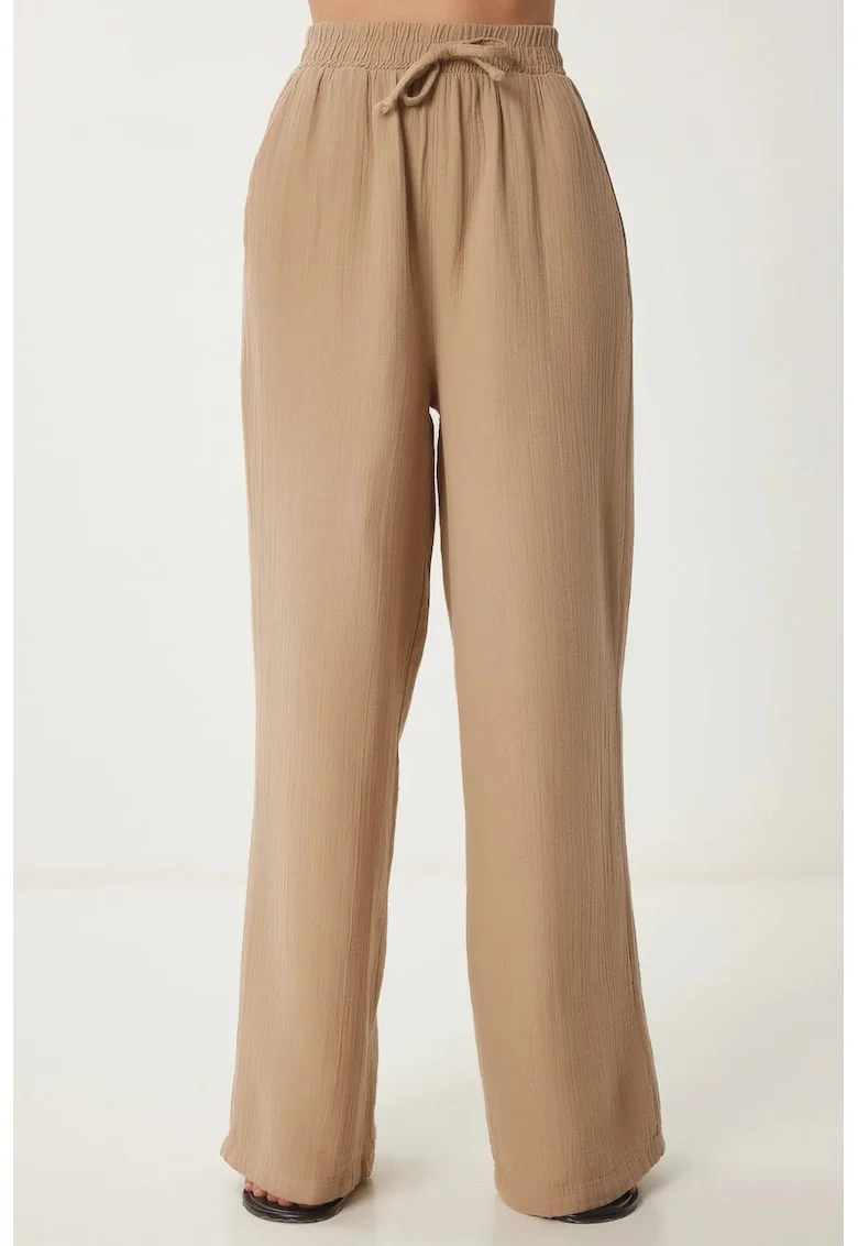 Pantaloni dama, Happiness Istanbul, talie cu snur, croiala larga, ovaz natural, 100% bumbac