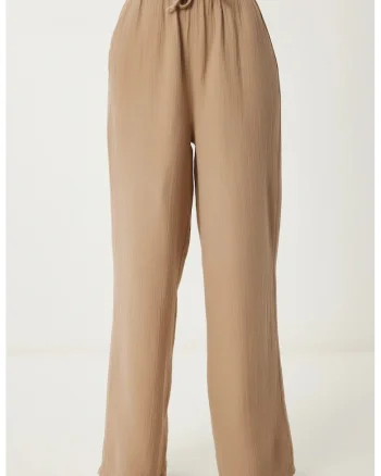 Pantaloni dama, Happiness Istanbul, talie cu snur, croiala larga, ovaz natural, 100% bumbac