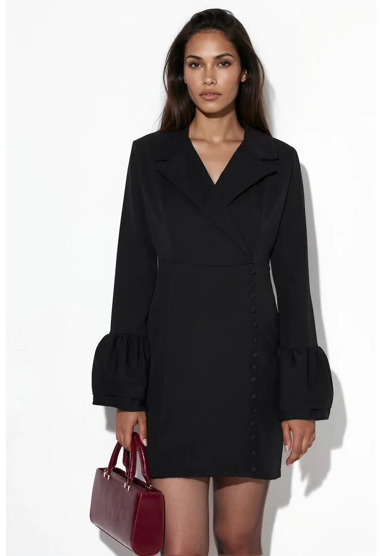 Rochie Mini Cambrata MSN, Negru, Maneci Lungi, Decolteu in V, Crep Tesut,
