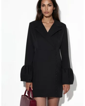Rochie Mini Cambrata MSN, Negru, Maneci Lungi, Decolteu in V, Crep Tesut,