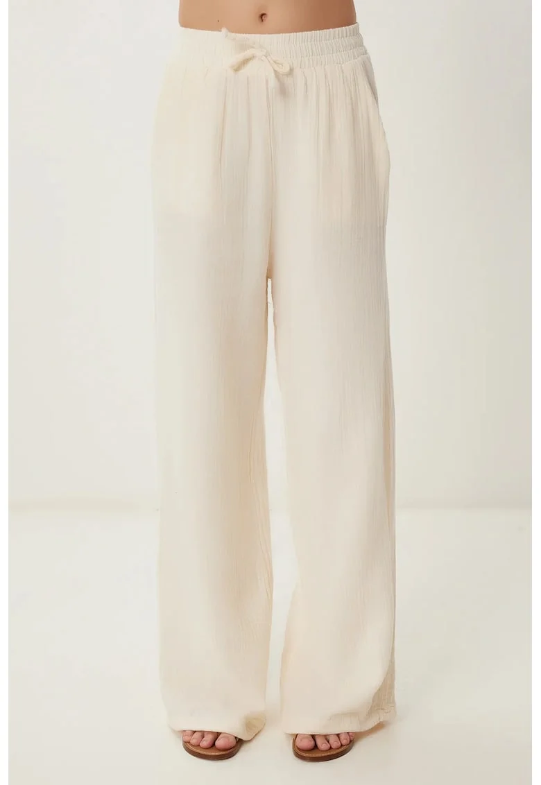 Pantaloni dama, Happiness Istanbul, picior larg, snur talie, crem natural, bumbac,
