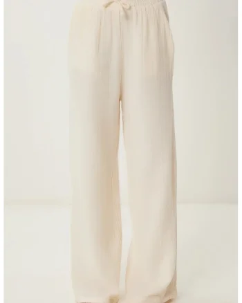 Pantaloni dama, Happiness Istanbul, picior larg, snur talie, crem natural, bumbac,