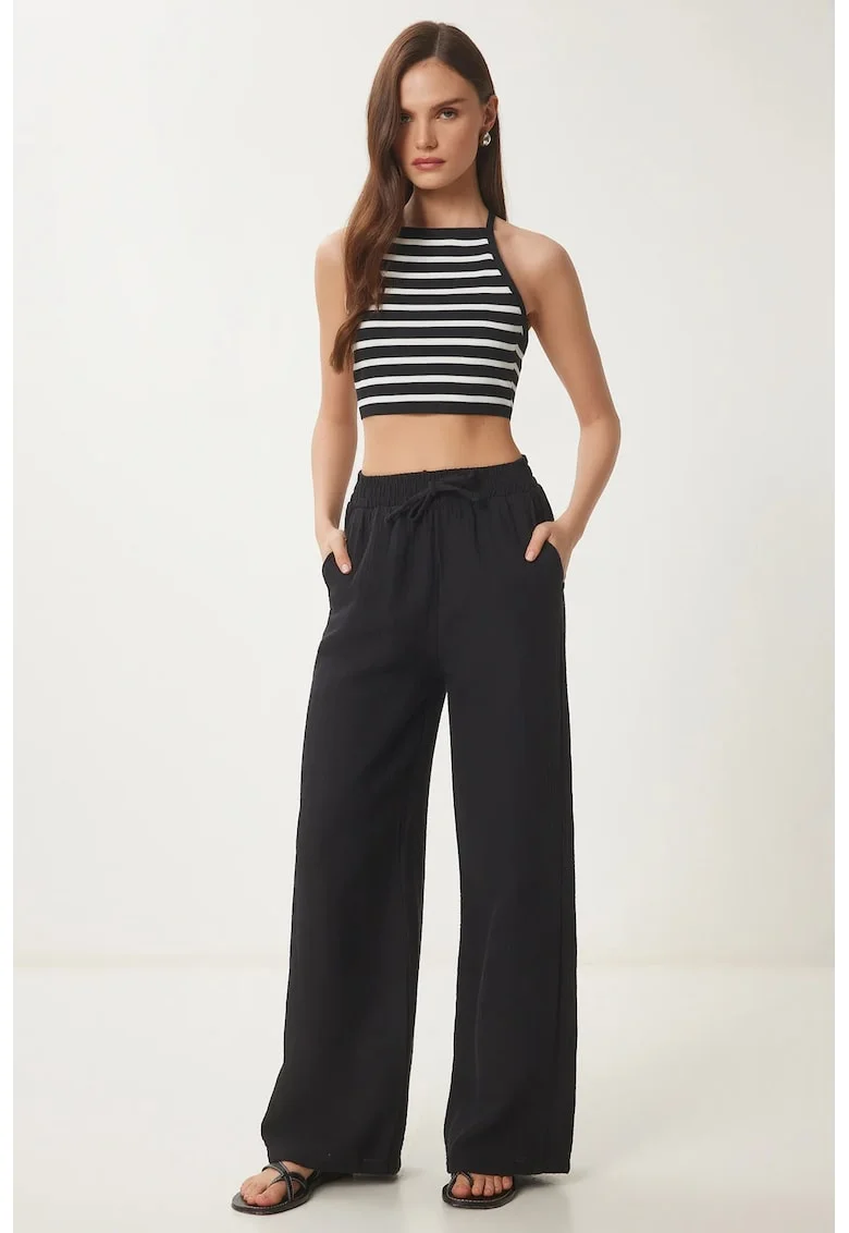 Pantaloni dama, Happiness Istanbul, talie cu snur, negru, bumbac