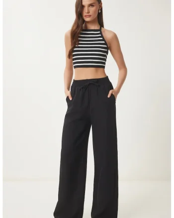Pantaloni dama, Happiness Istanbul, talie cu snur, negru, bumbac
