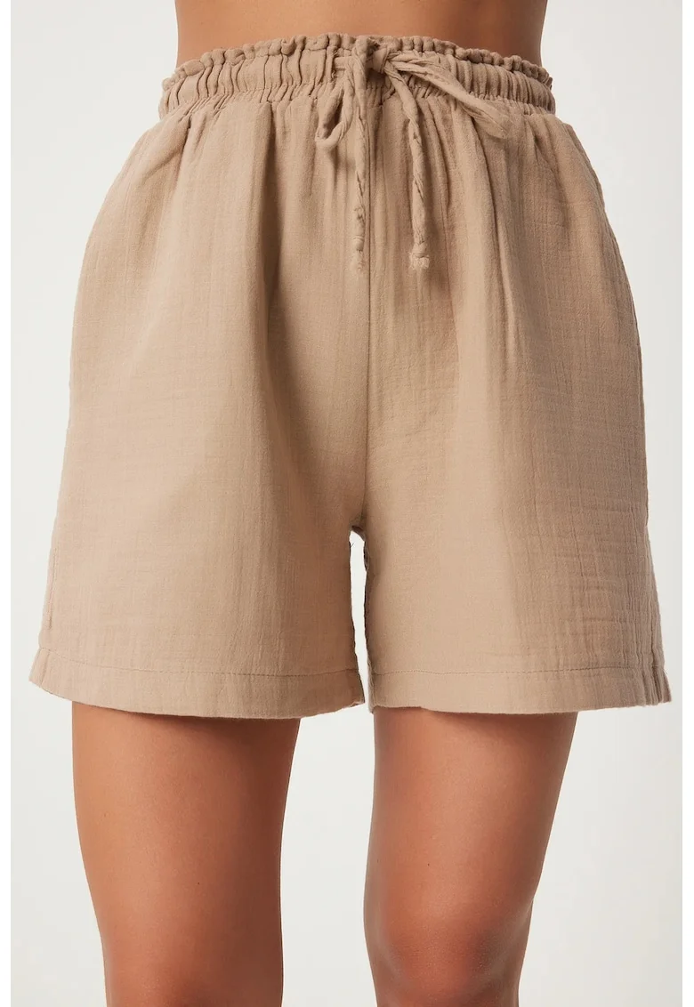 Pantaloni scurti, Happiness Istanbul, talie inalta, picior larg, bej natural, bumbac,
