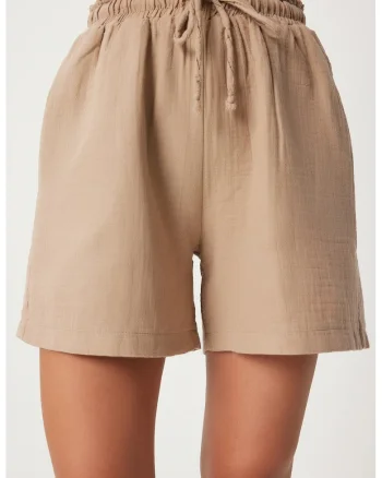 Pantaloni scurti, Happiness Istanbul, talie inalta, picior larg, bej natural, bumbac,