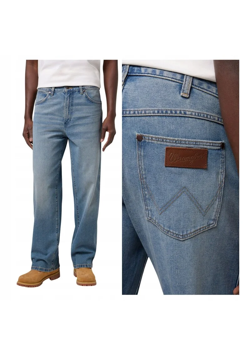 Blugi largi regular de barbati,  cu talie medie, Albastru, Model Loose Straight, Albastru