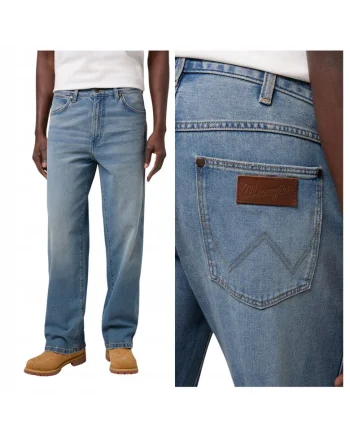 Blugi largi regular de barbati,  cu talie medie, Albastru, Model Loose Straight, Albastru