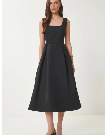 Rochie midi, Happiness Istanbul, guler patrat, croiala in A, negru, poliester,