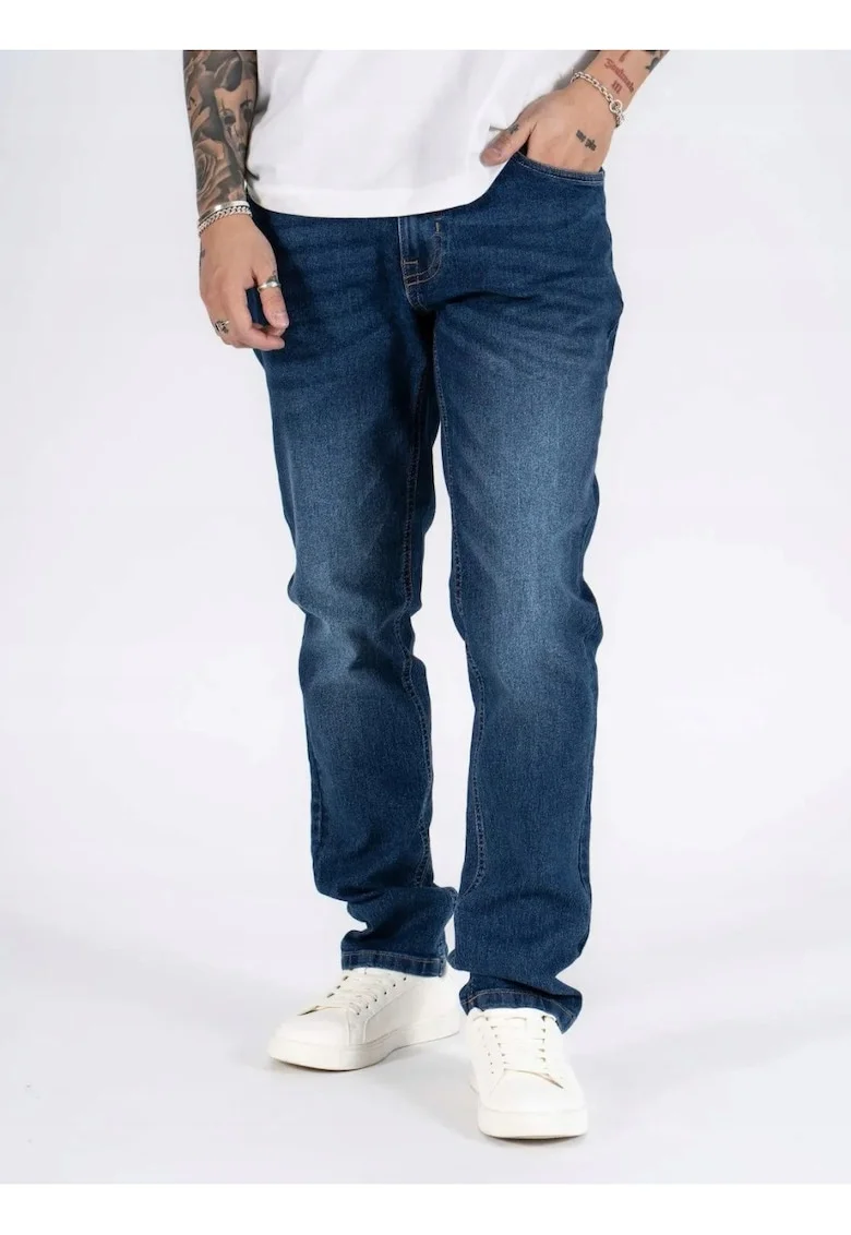 Blugi Barbati,  Sebb, Straight Fit, Talie Medie, 5 Buzunare, Fermoar, Lungi, Bumbac, Albastru