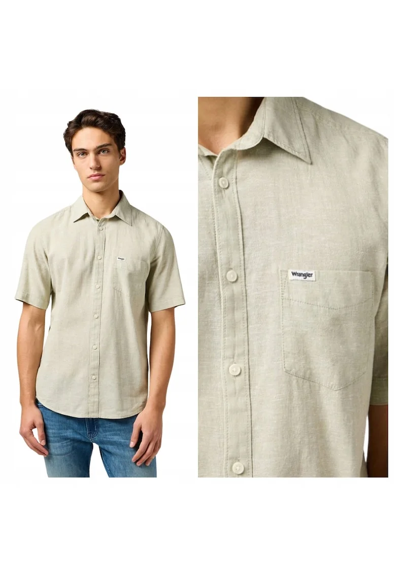 Camasa de vara din amestec de in, cu maneca scurta, regular fit, Verde deschis