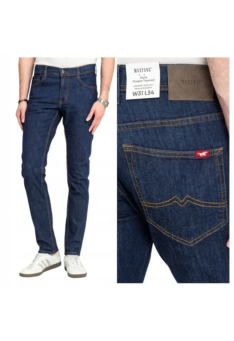 Blugi slim fit din bumbac cu talie medie si croiala conica Oregon, Albastru