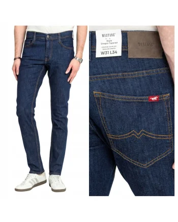 Blugi slim fit din bumbac cu talie medie si croiala conica Oregon, Albastru