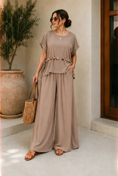 Compleu dama din vascoza cu pantaloni palazzo si bluza lejera cu margele, bej inchis