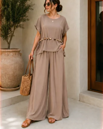 Compleu dama din vascoza cu pantaloni palazzo si bluza lejera cu margele, bej inchis