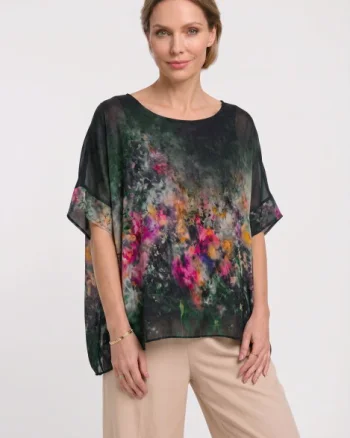 Bluza vaporoasa tip poncho din matase, croi oversized cu print pictural multicolora pe fond negru