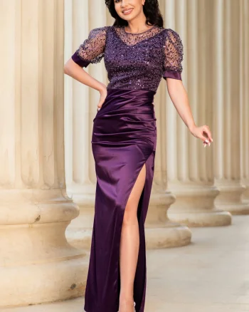 Rochie de seara Sophia mov din tafta cu bust din paiete