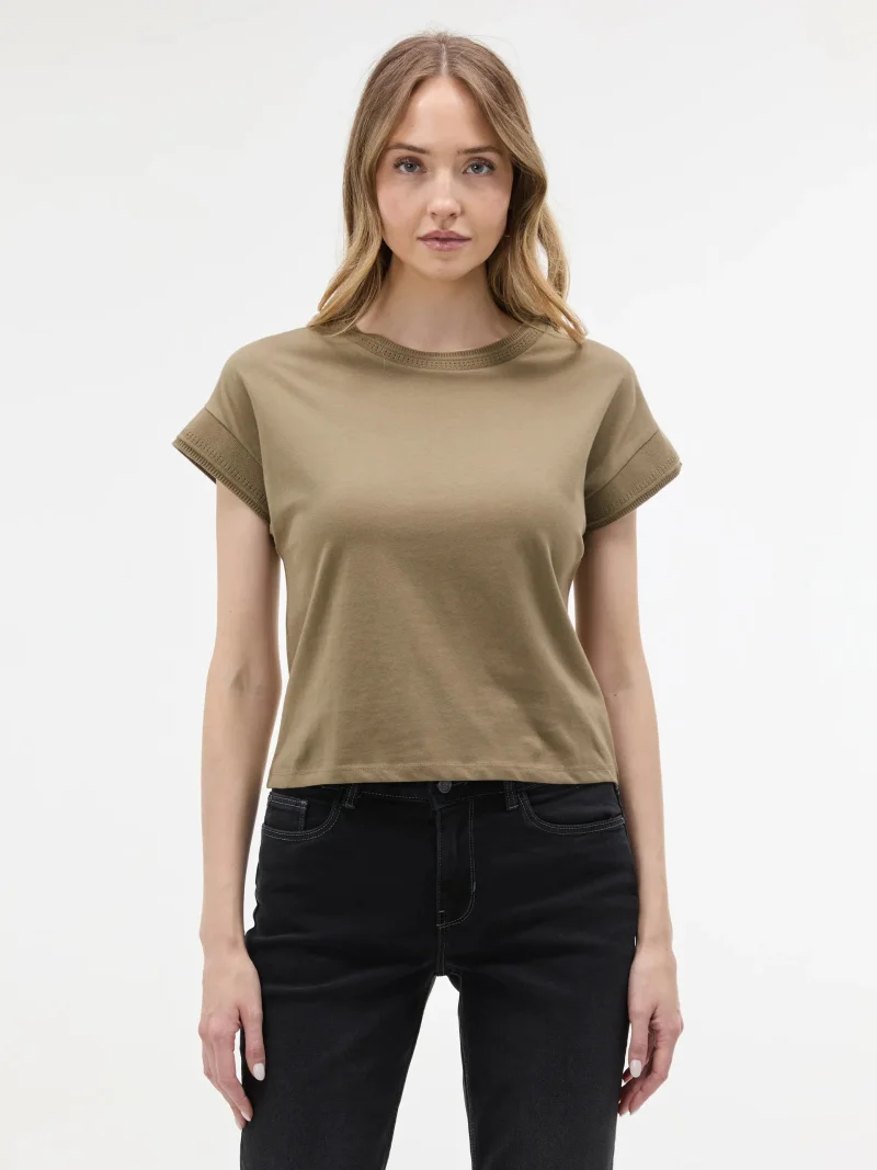 Tricou bumbac cu decolteu rotund și model perforat ORSAY kaki - XL