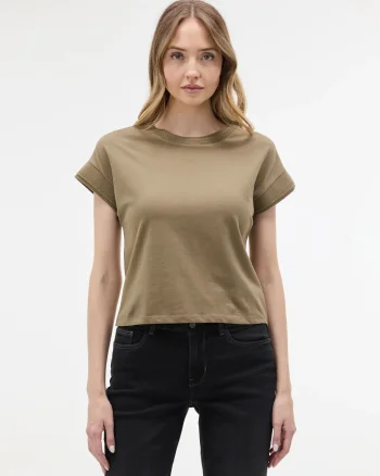Tricou bumbac cu decolteu rotund și model perforat ORSAY kaki - S