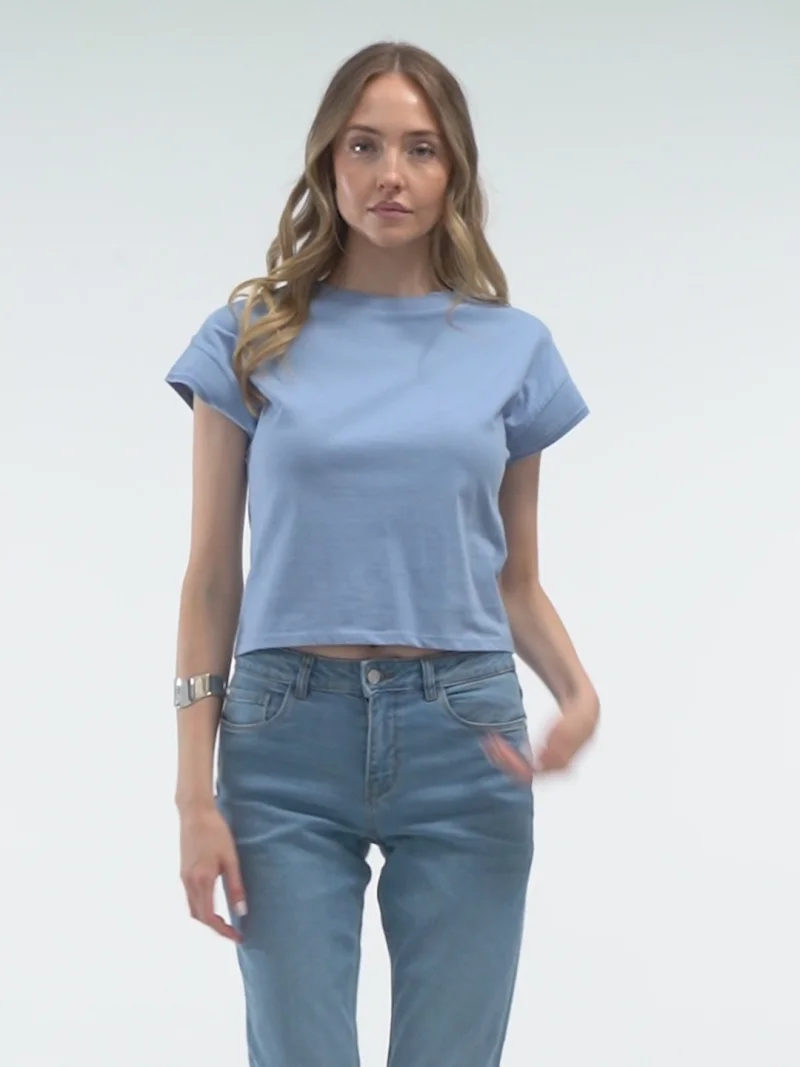 Tricou bumbac cu decolteu rotund și model perforat ORSAY bleu - L