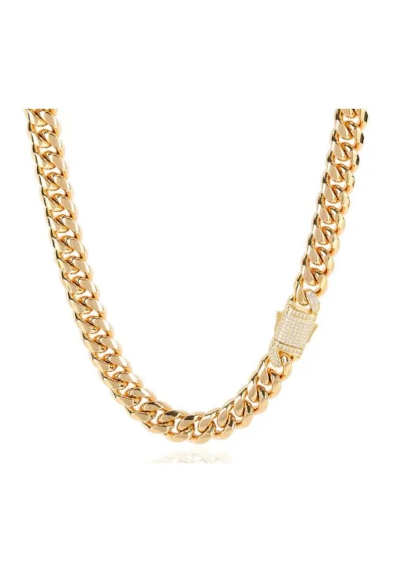 Lant Cuban Elements din Otel Inoxidabil, GOLD, pentru barbati – 12 mm, cu zirconiu