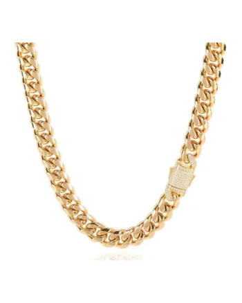 Lant Cuban Elements din Otel Inoxidabil, GOLD, pentru barbati – 12 mm, cu zirconiu