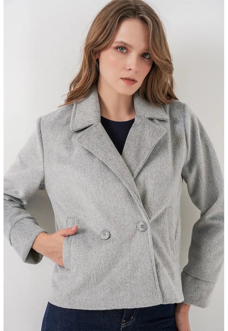 Jacheta dama,  cu doua randuri de nasturi, gri, textil