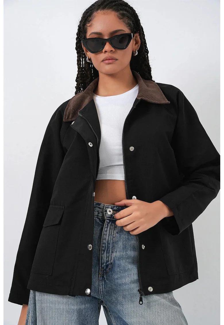 Geaca dama  neagra, textil, cu buzunare, Negru