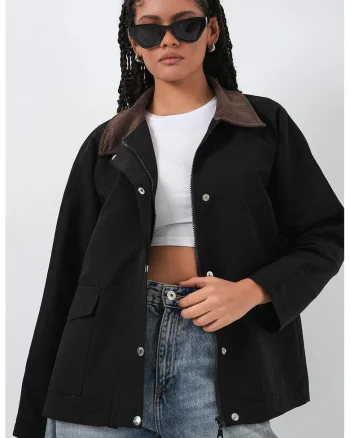 Geaca dama  neagra, textil, cu buzunare, Negru