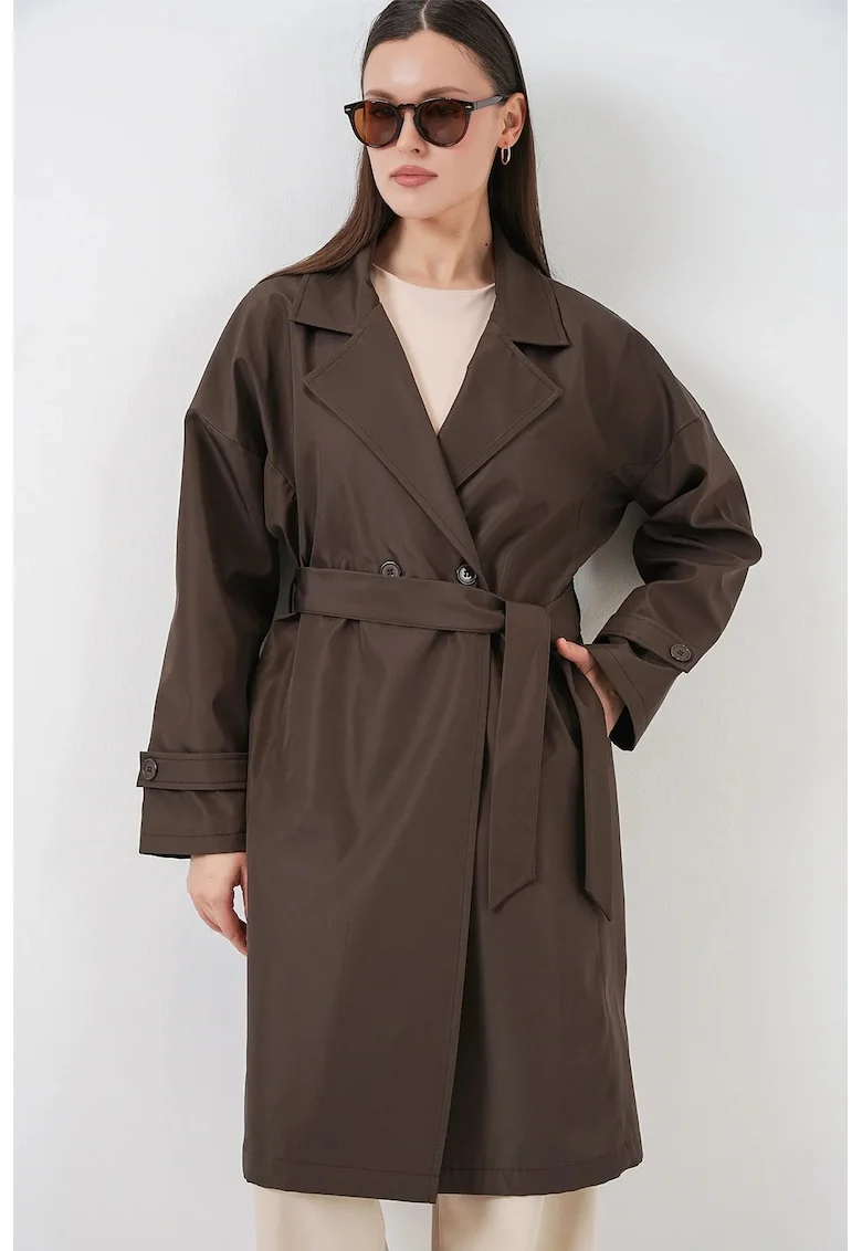 Trenci dama,  lung cu curea si guler, maro, textil