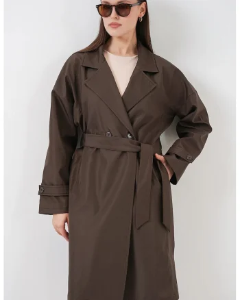 Trenci dama,  lung cu curea si guler, maro, textil