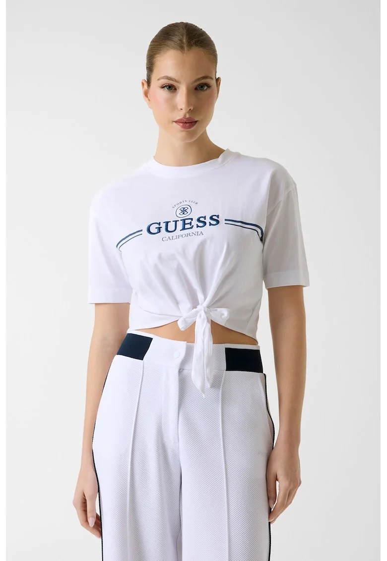 Tricou crop cu nod decorativ, Albastru royal/Alb optic